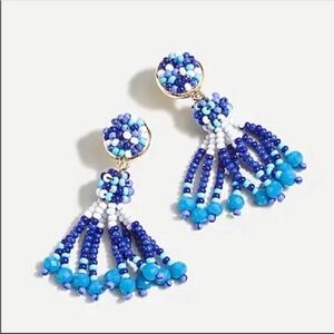 J.Crew Blue White Beaded Tassel Statement Earrings Gold Dangle Resort Jewelry